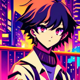 Retro-futuristic anime profile picture featuring a moody, emo schoolboy who's the cool kid in town, set against a neon-lit cityscape.