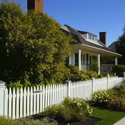 A charming, warm, and inviting suburban house with a well-groomed garden and a picket fence under a clear, sunny sky