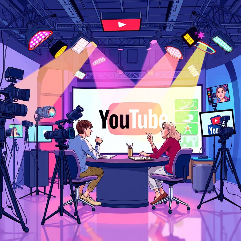 A vibrant illustration of a modern YouTube studio filled with colorful lights, high-quality cameras, and streaming equipment