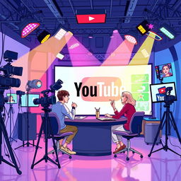 A vibrant illustration of a modern YouTube studio filled with colorful lights, high-quality cameras, and streaming equipment