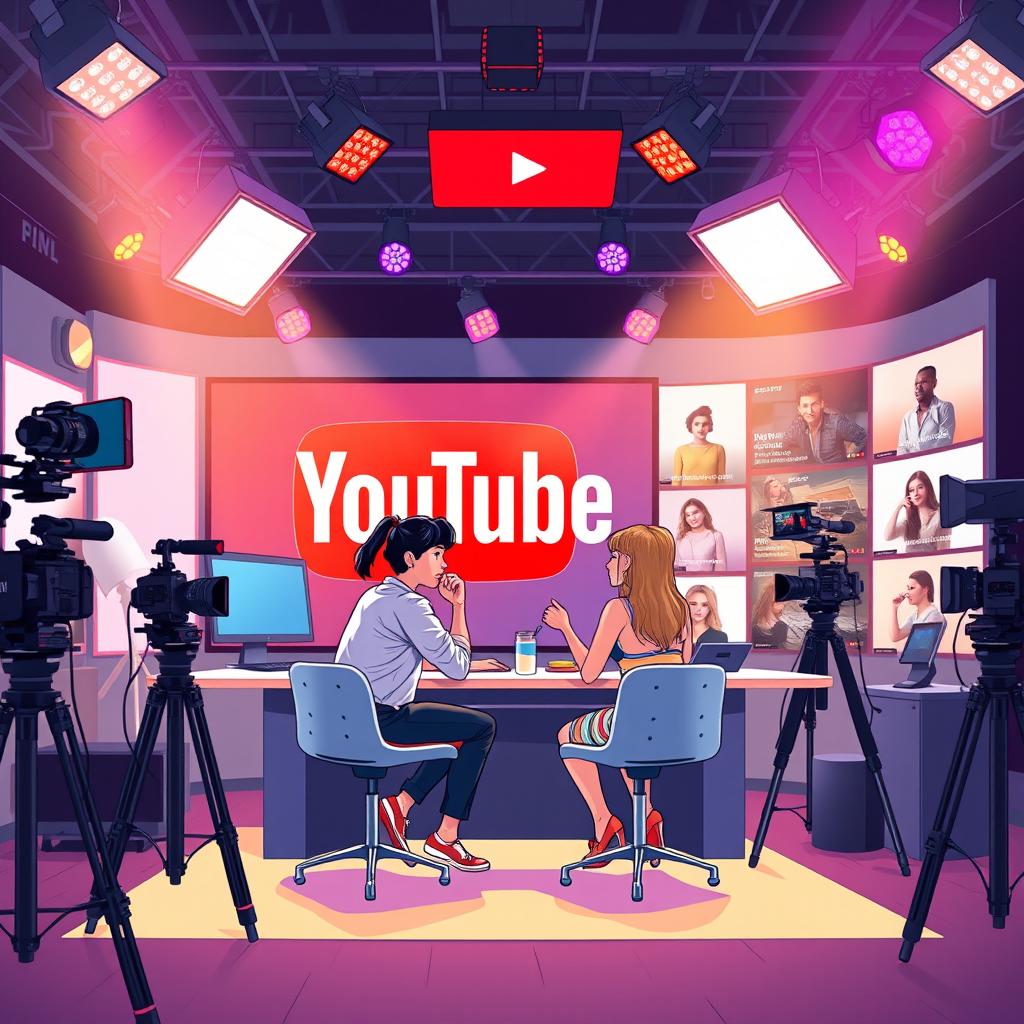 A vibrant illustration of a modern YouTube studio filled with colorful lights, high-quality cameras, and streaming equipment