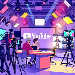 A vibrant illustration of a modern YouTube studio filled with colorful lights, high-quality cameras, and streaming equipment