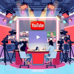 A vibrant illustration of a modern YouTube studio filled with colorful lights, high-quality cameras, and streaming equipment