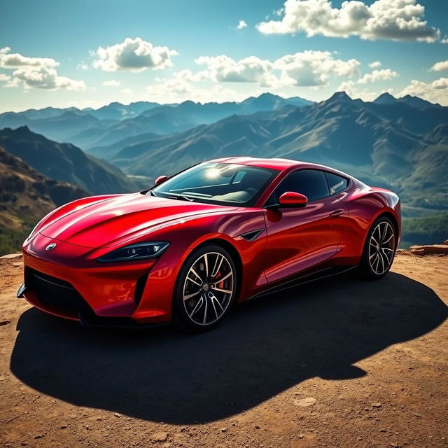 A stunning dream car parked on a scenic overlook, showcasing a sleek aerodynamic design with a glossy finish in vibrant red