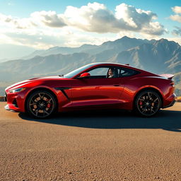 A stunning dream car parked on a scenic overlook, showcasing a sleek aerodynamic design with a glossy finish in vibrant red