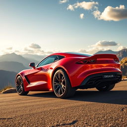 A stunning dream car parked on a scenic overlook, showcasing a sleek aerodynamic design with a glossy finish in vibrant red