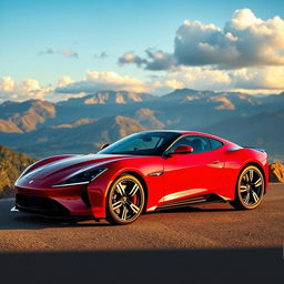 A stunning dream car parked on a scenic overlook, showcasing a sleek aerodynamic design with a glossy finish in vibrant red