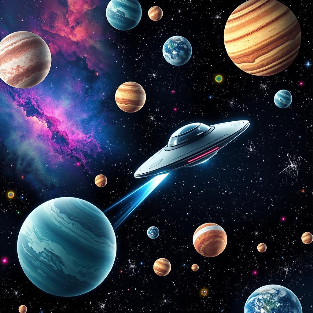 A dynamic and captivating scene of a UFO zipping across a vibrant galaxy filled with multicolored planets, sparkling stars, and swirling nebulae