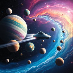 A dynamic and captivating scene of a UFO zipping across a vibrant galaxy filled with multicolored planets, sparkling stars, and swirling nebulae