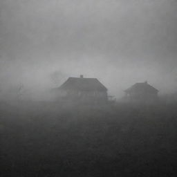 A menacing, vast landscape shrouded in heavy fog and oppressive darkness; small, dimly lit houses loom uncertainly through the swirling mists, their silhouettes barely distinguishable against the unfathomable expanse of the obscure terrain