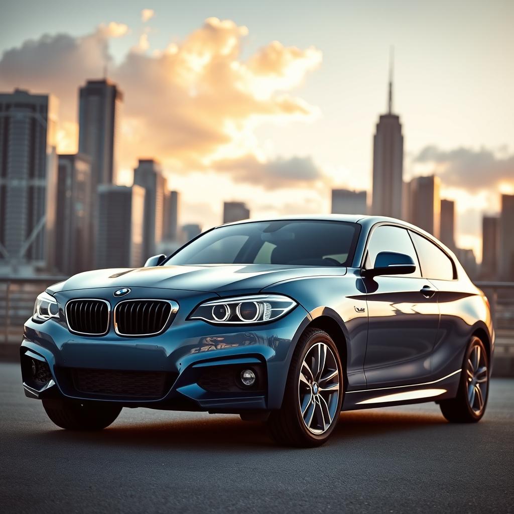 A sleek and modern BMW 1 Series parked in an urban environment at sunset, showcasing its stylish design with sharp lines and a dynamic silhouette