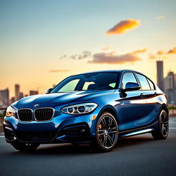 A sleek and modern BMW 1 Series parked in an urban environment at sunset, showcasing its stylish design with sharp lines and a dynamic silhouette