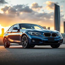 A sleek and modern BMW 1 Series parked in an urban environment at sunset, showcasing its stylish design with sharp lines and a dynamic silhouette