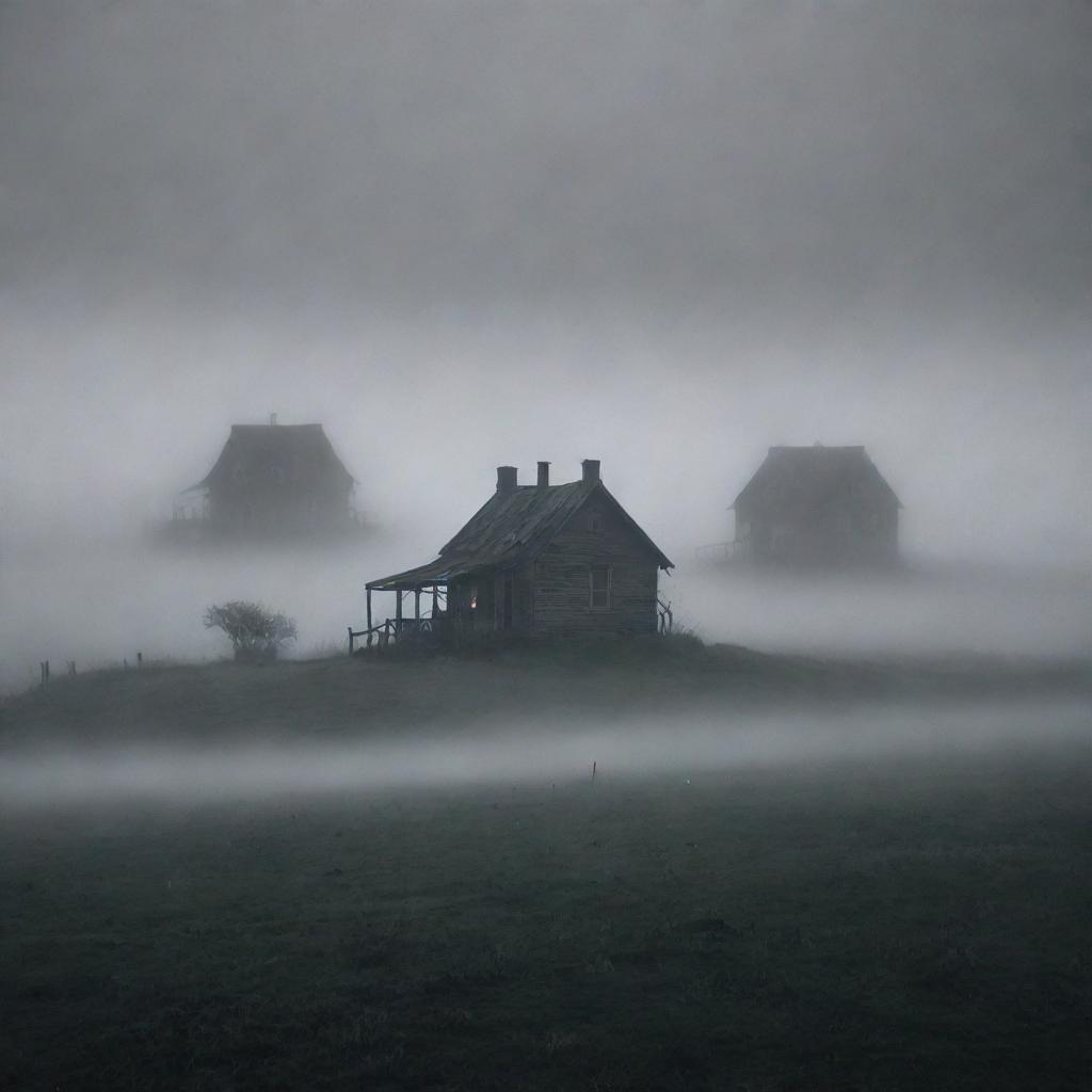 A menacing, vast landscape shrouded in heavy fog and oppressive darkness; small, dimly lit houses loom uncertainly through the swirling mists, their silhouettes barely distinguishable against the unfathomable expanse of the obscure terrain