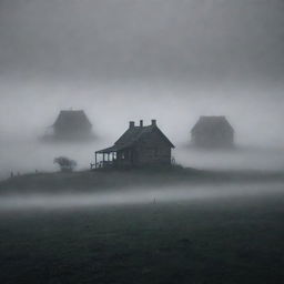 A menacing, vast landscape shrouded in heavy fog and oppressive darkness; small, dimly lit houses loom uncertainly through the swirling mists, their silhouettes barely distinguishable against the unfathomable expanse of the obscure terrain