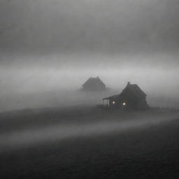 A menacing, vast landscape shrouded in heavy fog and oppressive darkness; small, dimly lit houses loom uncertainly through the swirling mists, their silhouettes barely distinguishable against the unfathomable expanse of the obscure terrain