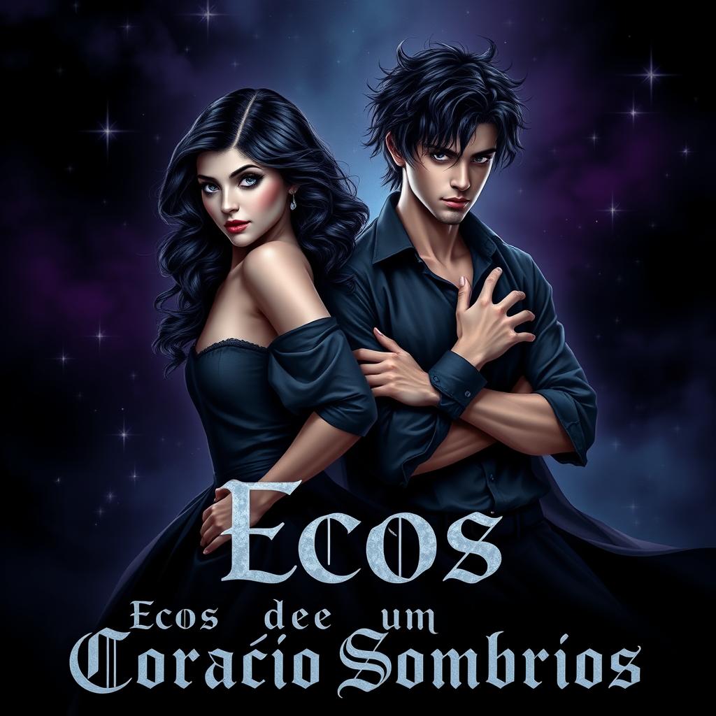 A stunning book cover for 'Ecos de um Coração Sombrios', embodying a dark romance theme with an alluring visual style