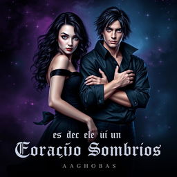 A stunning book cover for 'Ecos de um Coração Sombrios', embodying a dark romance theme with an alluring visual style