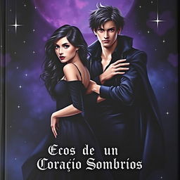 A stunning book cover for 'Ecos de um Coração Sombrios', embodying a dark romance theme with an alluring visual style