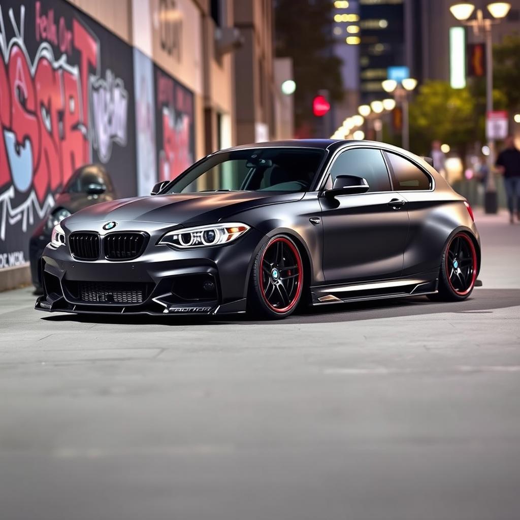 A stunning BMW 1 Series 2-door car modified with a wide body kit, showcasing its aggressive and sporty stance