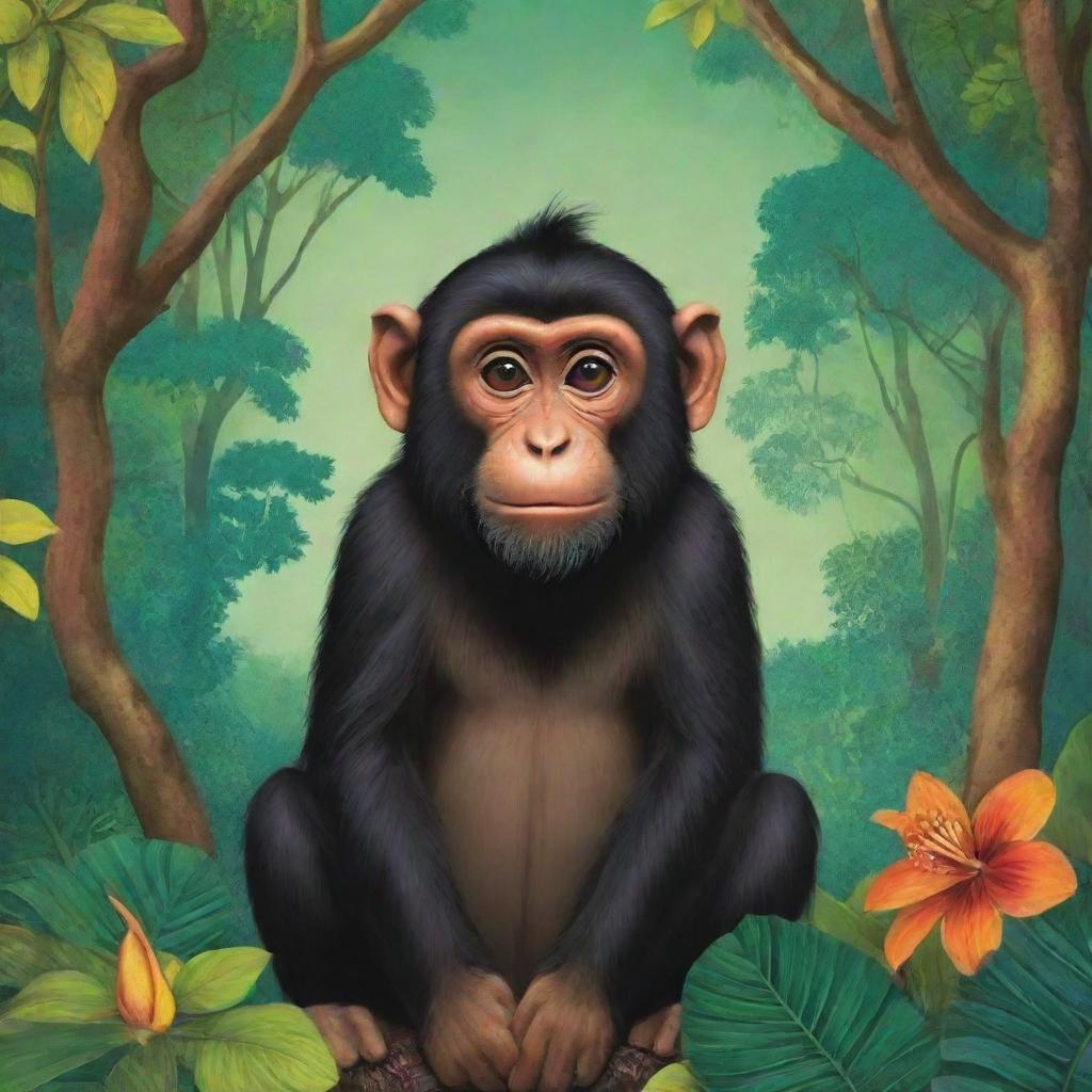 Design a vibrant, creative poster featuring the Indonesian folklore story of 'Lutung Kasarung', showcasing key elements like the prince turned into a monkey, the princess, and the magical forest backdrop.