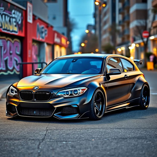 A stunning BMW 1 Series 2-door car modified with a wide body kit, showcasing its aggressive and sporty stance