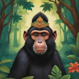 Design a vibrant, creative poster featuring the Indonesian folklore story of 'Lutung Kasarung', showcasing key elements like the prince turned into a monkey, the princess, and the magical forest backdrop.