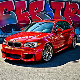 A striking BMW E87 1 Series 2-door car modified with a wide body kit, showcasing an aggressive and sporty appearance