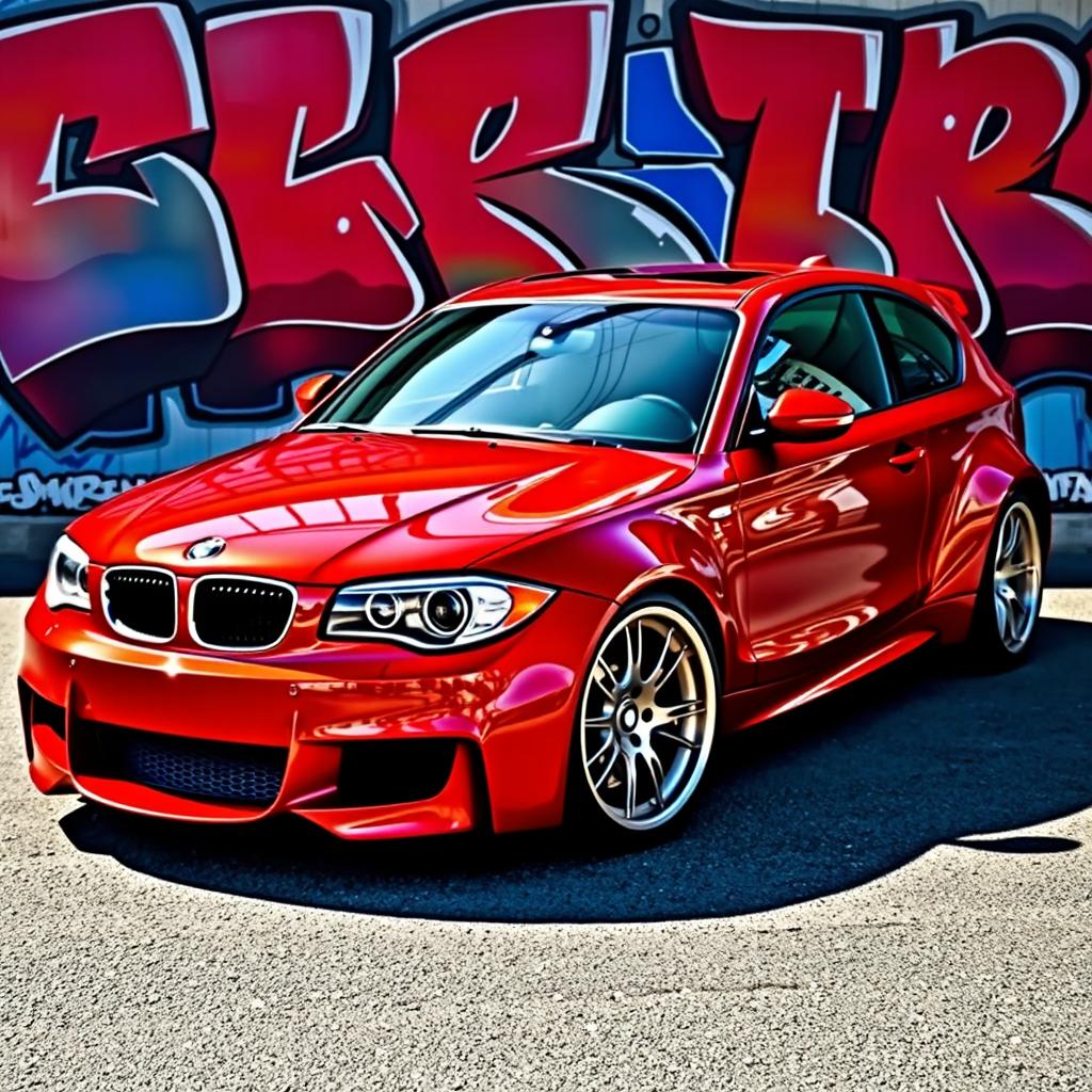 A striking BMW E87 1 Series 2-door car modified with a wide body kit, showcasing an aggressive and sporty appearance