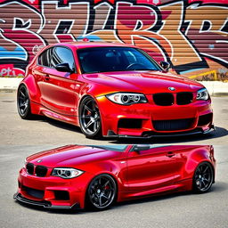 A striking BMW E87 1 Series 2-door car modified with a wide body kit, showcasing an aggressive and sporty appearance