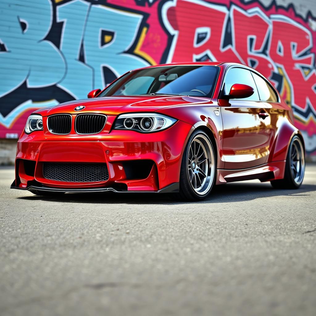 A striking BMW E87 1 Series 2-door car modified with a wide body kit, showcasing an aggressive and sporty appearance