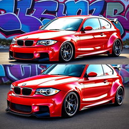 A striking BMW E87 1 Series 2-door car modified with a wide body kit, showcasing an aggressive and sporty appearance