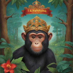 Design a vibrant, creative poster featuring the Indonesian folklore story of 'Lutung Kasarung', showcasing key elements like the prince turned into a monkey, the princess, and the magical forest backdrop.