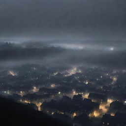 An expansive view of a sleepy town, shrouded in heavy fog and swallowed by the inky blackness of the late night; dim lights flicker uncertainly in the fog, their feeble glow failing to penetrate the swirling abyss