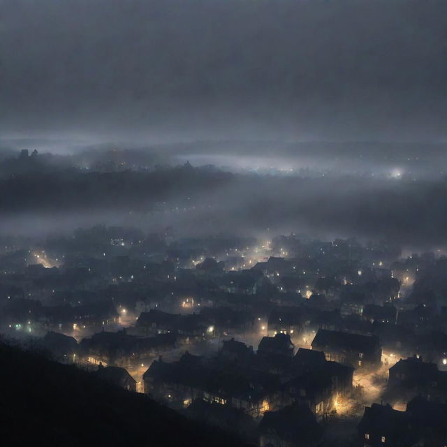 An expansive view of a sleepy town, shrouded in heavy fog and swallowed by the inky blackness of the late night; dim lights flicker uncertainly in the fog, their feeble glow failing to penetrate the swirling abyss