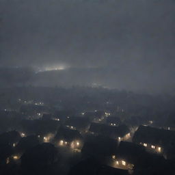 An expansive view of a sleepy town, shrouded in heavy fog and swallowed by the inky blackness of the late night; dim lights flicker uncertainly in the fog, their feeble glow failing to penetrate the swirling abyss