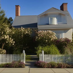 A charming, warm, and inviting suburban house with a well-groomed garden and a picket fence under a clear, sunny sky