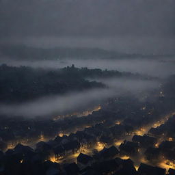 An expansive view of a sleepy town, shrouded in heavy fog and swallowed by the inky blackness of the late night; dim lights flicker uncertainly in the fog, their feeble glow failing to penetrate the swirling abyss