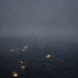 An expansive view of a sleepy town, shrouded in heavy fog and swallowed by the inky blackness of the late night; dim lights flicker uncertainly in the fog, their feeble glow failing to penetrate the swirling abyss