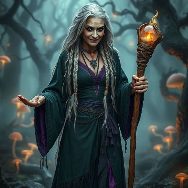 A captivating scene featuring an old yet sexy witch standing confidently in her full body