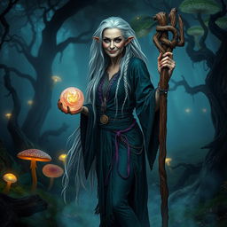 A captivating scene featuring an old yet sexy witch standing confidently in her full body