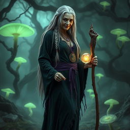 A captivating scene featuring an old yet sexy witch standing confidently in her full body