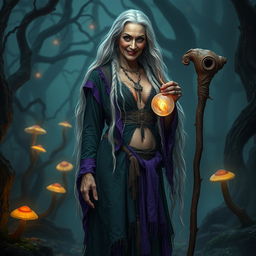 A captivating scene featuring an old yet sexy witch standing confidently in her full body