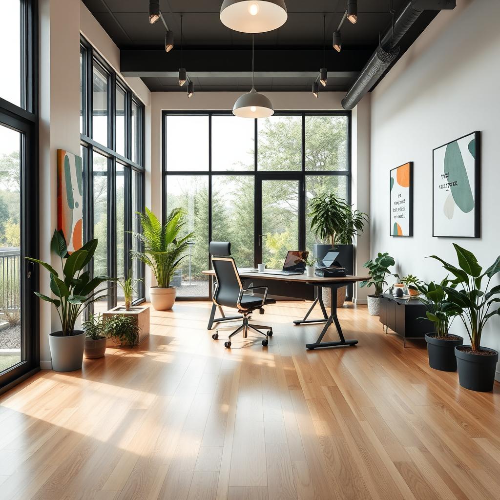 An interior view of a 45-square-meter office space featuring a modern and minimalist design