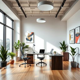 An interior view of a 45-square-meter office space featuring a modern and minimalist design