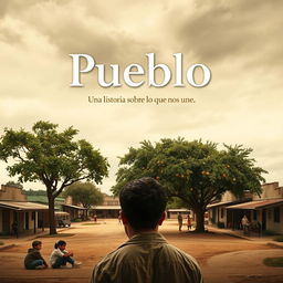 A movie poster for the film "Pueblo" featuring an open sky in sepia and gray hues, evoking nostalgia and melancholy typical of small towns