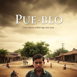 A movie poster for the film "Pueblo" featuring an open sky in sepia and gray hues, evoking nostalgia and melancholy typical of small towns