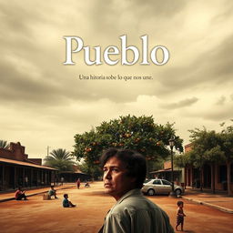 A movie poster for the film "Pueblo" featuring an open sky in sepia and gray hues, evoking nostalgia and melancholy typical of small towns