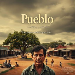 A movie poster for the film "Pueblo" featuring an open sky in sepia and gray hues, evoking nostalgia and melancholy typical of small towns