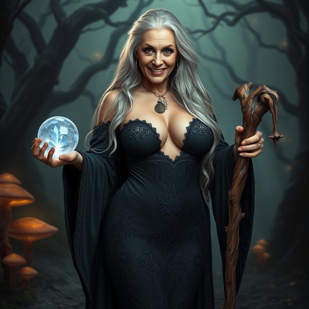 A mesmerizing image of an old yet sexy witch standing confidently, showcasing her full body